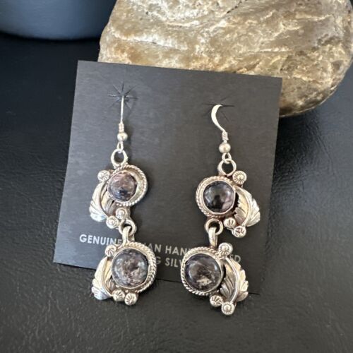 Navajo Purple Sugilite Dangle Earrings | Sterling Silver | 2" | Authentic Native American Handmade | 15694