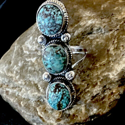 Navajo Blue Spiderweb Turquoise Multi-Stone Ring | Authentic Native American Sterling Silver | Sz 10 | 16710
