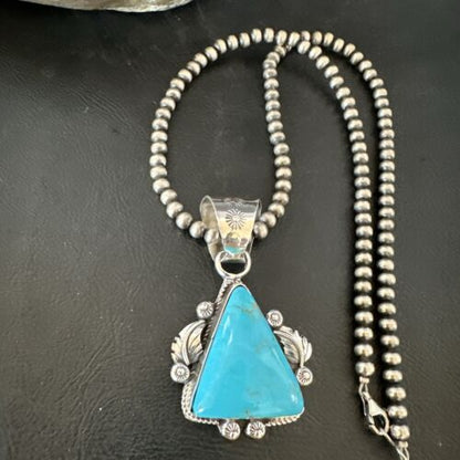Navajo Sterling Silver Blue Kingman Turquoise Necklace Pendant | Men's Women's | 17478