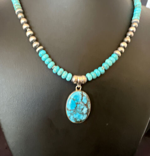 Navajo Blue Spiderweb Turquoise Pendant Necklace | Sterling Silver | Authentic Native American Handmade | 16649