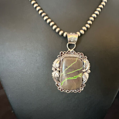 Navajo Green Boulder Turquoise Necklace Pendant | Sterling Silver | Men's Women's | 16134
