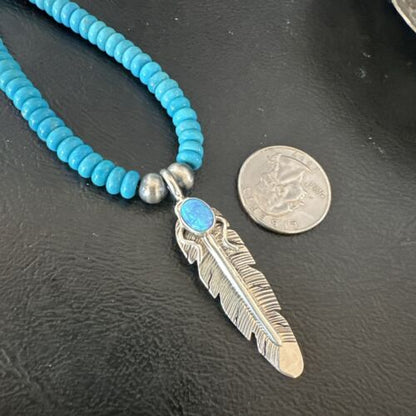 Men's Blue Turquoise Navajo Necklace | Sterling Silver Feather Opal Pendant | Native American Handmade | 17438