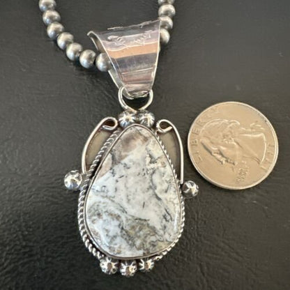 Navajo White Buffalo Turquoise Pendant | Pearl Sterling Silver Necklace | Authentic Native American Handmade | 17043