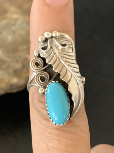 Navajo Blue Turquoise Feather Ring | Sterling Silver | Sz 6.5 | Authentic Native American Handmade | 11733