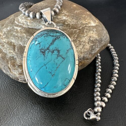 Men's Navajo Blue Spiderweb Turquoise Pendant Necklace | Sterling Silver | Authentic Native American Handmade | 16197