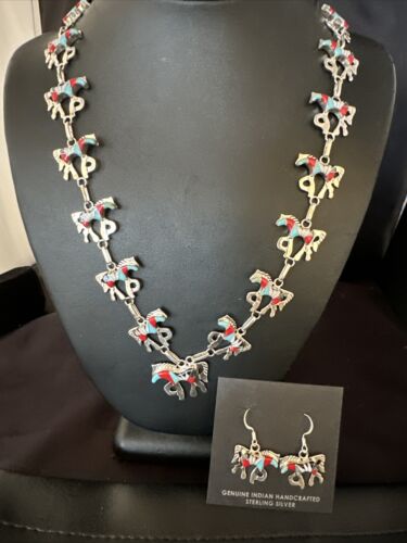 Navajo Turquoise Coral Mother of Pearl Horse Inlay Necklace & Earrings Set | Sterling Silver | Authentic Native American Handmade