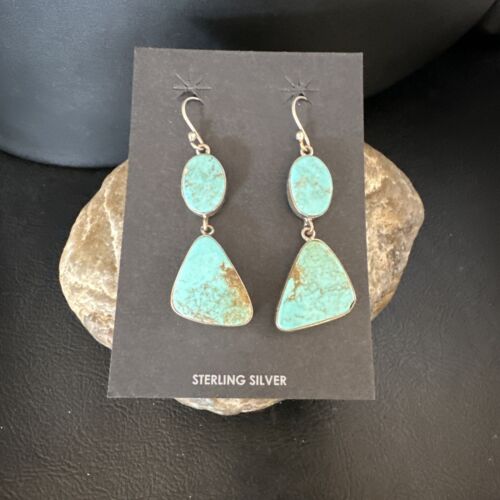 Navajo Blue Kingman Turquoise Dangle Earrings | Sterling Silver | Authentic Native American Handmade | 15124