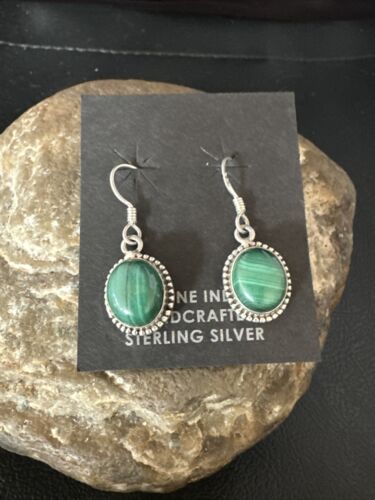 Navajo Green Malachite Dangle Earrings | Sterling Silver | Authentic Native American Handmade | 14923