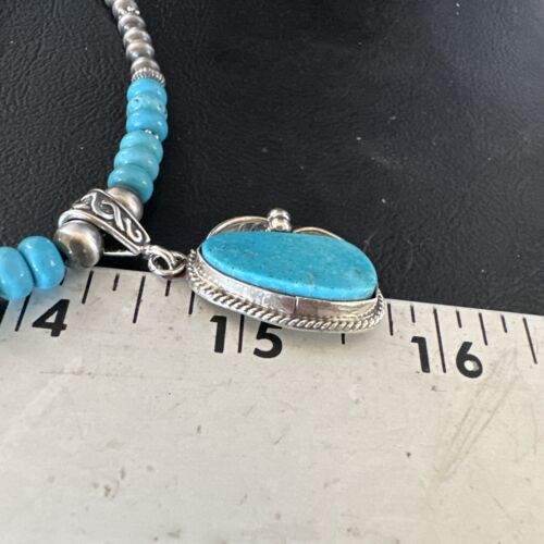 Navajo Blue Turquoise Pendant with Pearls | Sterling Silver Necklace | Authentic Native American Handmade | 15418
