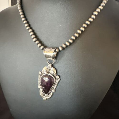 Navajo Purple Sugilite Pendant with Pearls | Sterling Silver Bead Necklace | Authentic Native American Handmade | 15413