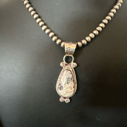 Men's White Buffalo Turquoise Pendant Necklace | Navajo Pearls | Sterling Silver | Native American Handmade | 17332