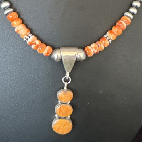Navajo Orange Spiny Oyster Pendant with Pearls | Sterling Silver Necklace | Authentic Native American Handmade | 15255