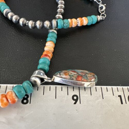 Navajo Spiny Turquoise Pendant Necklace | Sterling Silver | 22" | Authentic Native American Handmade | 17414