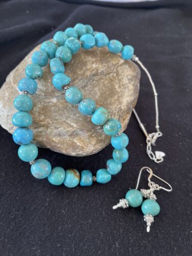 Navajo Blue Turquoise Earrings & Necklace Set | Sterling Silver | 20" | Authentic Native American Handmade | 01234
