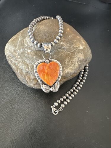 Navajo Orange Spiny Oyster Heart Pendant Necklace | Sterling Silver | Authentic Native American Handmade | 16414