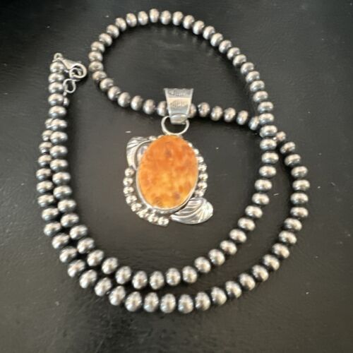 Navajo Orange Spiny Oyster Pendant Necklace | Sterling Silver Pearls | Authentic Native American Handmade | 16553