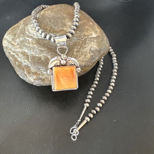 Navajo Orange Spiny Oyster Pendant Necklace | Sterling Silver | 20" | Authentic Native American Handmade | 16141