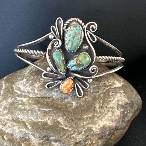 Navajo Royston Turquoise Spiny Cuff Bracelet | Sterling Silver Tufa Cast | Authentic Native American Handmade | 16776