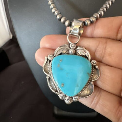 Navajo Kingman Turquoise Pendant Necklace | Sterling Silver Pearls | Authentic Native American Handmade | 15215