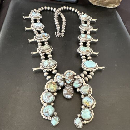 Navajo Blue Golden Hills Turquoise Squash Blossom Necklace & Earrings | Sterling Silver | 17210