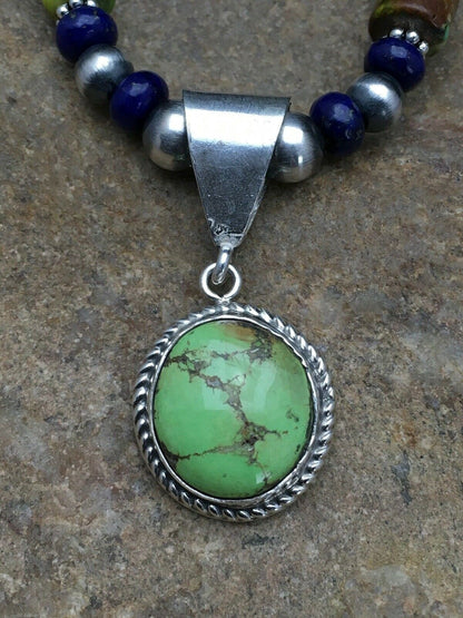 Navajo Green Turquoise and Lapis Necklace with Gaspeite Pendant | Sterling Silver | 23" | 2819