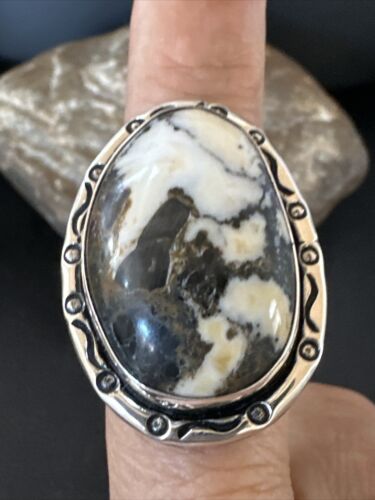 White Buffalo Turquoise Navajo Ring | Sterling Silver | Sz 9 | Authentic Native American Handmade | 16388