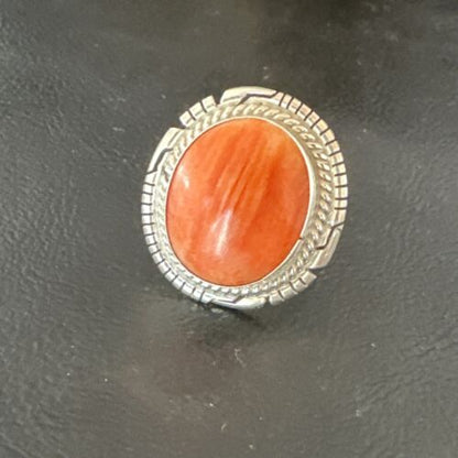 Navajo Orange Spiny Oyster Ring | Sterling Silver | Sz 8 | Authentic Native American Handmade | 16035