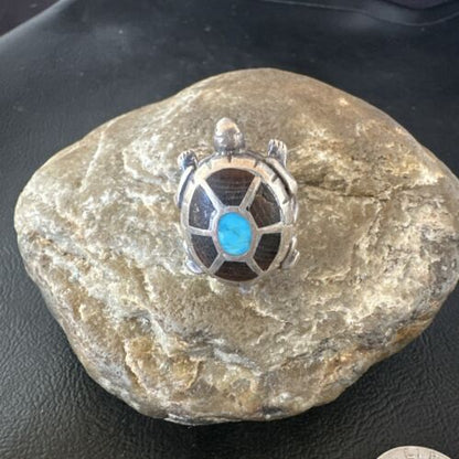 Navajo Blue Turquoise Onyx Turtle Ring | Sterling Silver | Sz 7 | Authentic Native American Handmade | 16980
