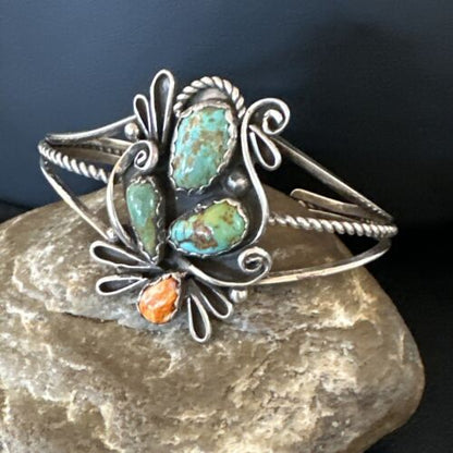 Navajo Royston Turquoise Spiny Cuff Bracelet | Sterling Silver Tufa Cast | Authentic Native American Handmade | 16776