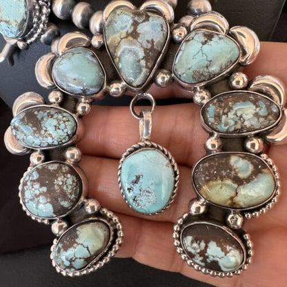 Navajo Blue Golden Hills Turquoise Squash Blossom Necklace & Earrings | Sterling Silver | 17211