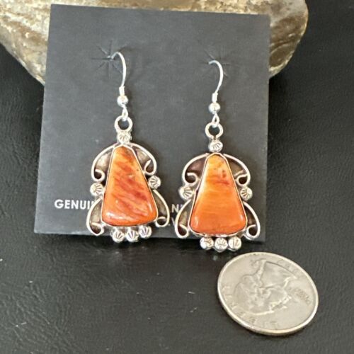 Navajo Orange Spiny Oyster Dangle Earrings | Sterling Silver | Authentic Native American Handmade | 17269