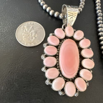 Navajo Pearls Pink Conch Necklace with Multi-Stone Cluster Pendant | Authentic Native American Handmade | 16061