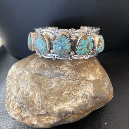 Navajo Blue #8 Turquoise Cuff Bracelet | Sterling Silver | 5 Stones | Authentic Native American Handmade | 01884