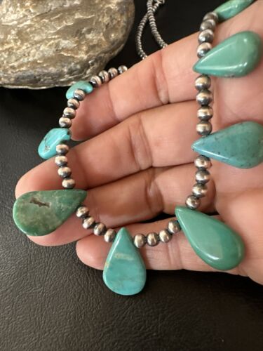 Southwestern Navajo Pearls Necklace | Sterling Silver | Green Turquoise Teardrop | 15762