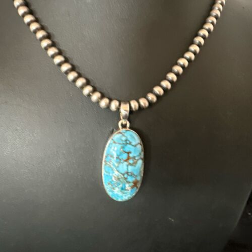 Navajo Blue Spiderweb Turquoise Pendant Necklace | Sterling Silver | Authentic Native American Handmade | 17028