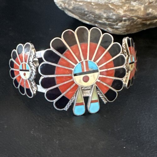 Zuni Blue Turquoise Coral Sunface Cuff Bracelet | Sterling Silver Inlay | Authentic Native American Handmade | 15059