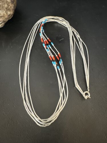 Multi-Color Liquid Silver Heishi Necklace | 5-Strand Sterling Tubes | 25" | Authentic Native American Handmade | 15136