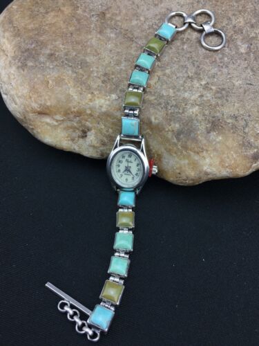 Navajo Blue Green Turquoise Watch Tips | Sterling Silver | Vintage | 7" | Authentic Native American Jewelry | 04916