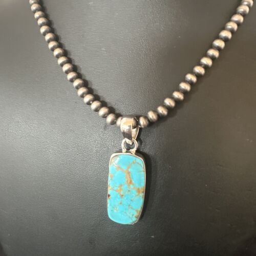 Navajo Blue Kingman Turquoise Pendant Necklace | Sterling Silver | 20" | Authentic Native American Handmade | 16700