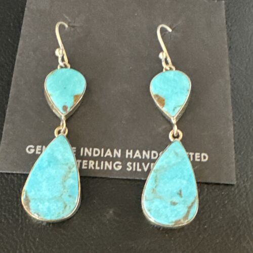 Navajo Blue Kingman Turquoise Dangle Earrings | Sterling Silver | Authentic Native American Handmade | 15119