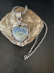 Men's Blue Heart Denim Lapis Pendant | Navajo Pearls Sterling Silver Necklace 21" | 15522
