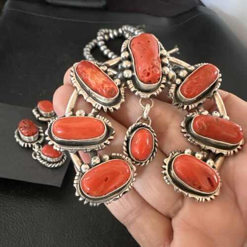Navajo Red Coral Naja Pendant | Sterling Silver Squash Blossom Necklace & Earrings | 17047