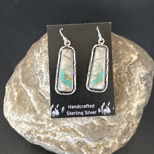 Navajo Blue Boulder Turquoise Dangle Earrings | Sterling Silver | Authentic Native American Handmade | 16496