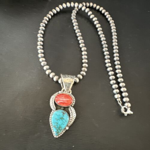 Navajo Blue Turquoise Red Spiny Oyster Pendant Necklace | Sterling Silver | Multi-Stone | 16291