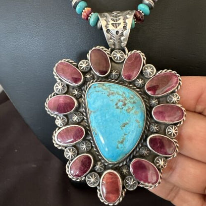 Navajo XL Turquoise Purple Spiny Cluster Pendant Necklace | Sterling Silver | Native American Handmade | 17427