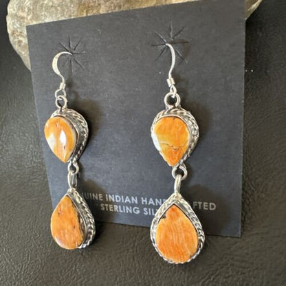 Navajo Orange Spiny Oyster Dangle Earrings | Sterling Silver | 1.5" | Authentic Native American Handmade | 16562