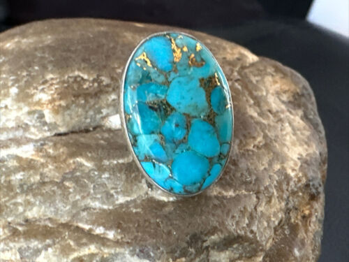 Navajo Blue Mojave Turquoise Ring | Sterling Silver | Adjustable Sz 8 | Authentic Native American Handmade | 15714