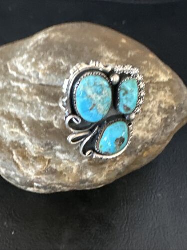 Navajo Blue Turquoise Cluster Ring | Authentic Native American Sterling Silver | Multi-Stone | Sz 8.5 | 14838