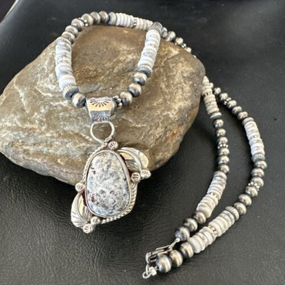 Navajo White Buffalo Turquoise Pendant Necklace | Sterling Silver | Authentic Native American Handmade | 17336
