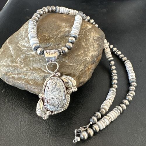 Navajo White Buffalo Turquoise Pendant Necklace | Sterling Silver | Authentic Native American Handmade | 17336